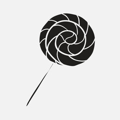 A classic black and white spiral lollipop candy on a stick presented in a simple graphic silhouette style and Adobe Illustrator Artwork