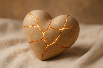 A beautiful golden light glows from within the cracks of a broken beige heart, symbolizing resilience, restoration, and overcoming adversity, global forgiveness day