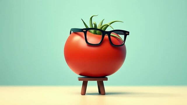  A bright red tomato sitting on a tiny office chair with reading glasses placed on top, set against a soft teal background &mdash; symbolizing work-from-home culture through humorous food personification.