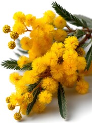 A vibrant sprig of mimosa flowers with bright yellow blooms and delicate green leaves on a clean white surface.