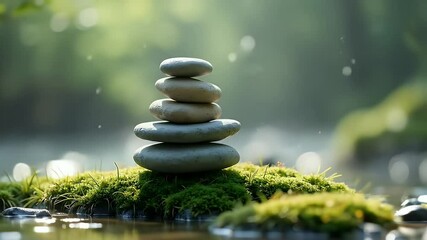 A balanced stack of smooth river stones on a mossy surface, surrounded by light drizzle and soft mist — representing mindfulness, balance, and harmony in nature