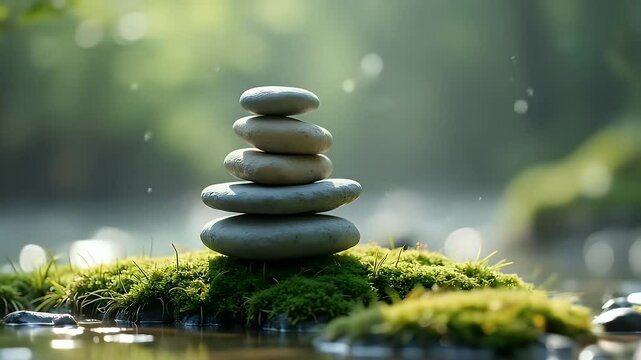 A balanced stack of smooth river stones on a mossy surface, surrounded by light drizzle and soft mist &mdash; representing mindfulness, balance, and harmony in nature