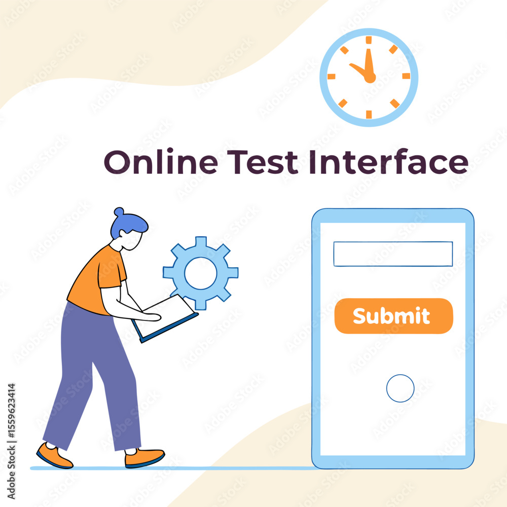 Poster a person interacts with a digital device showing an online test interface with a submit button and a