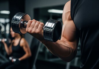 Muscular Man Lifting Dumbbell at Gym - Fitness Workout Training