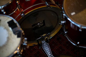 Close-Up of Drum Set with Microphones in Recording Studio