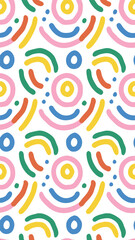 Colorful Abstract Pattern: A vibrant and playful seamless pattern featuring multicolored arcs and circles, creating a joyful and energetic design.