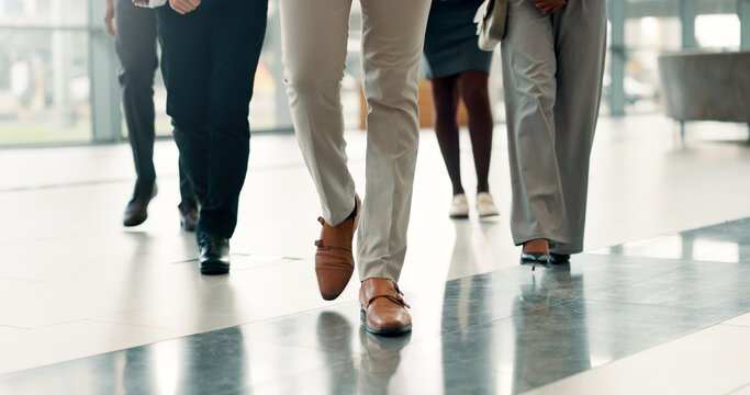 Legs, walking and business people in office, fashion and professional opportunity. Closeup, group and employees in workplace, team and stylish shoes with formal footwear, movement and steps in lobby
