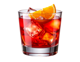 Close Up of Red Tropical Cocktail with Orange Wedge and Ice Cubes isolated on transparent background PNG