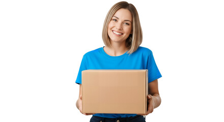 Woman smiling holding cardboard box wearing a blue t shirt on transparent background