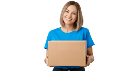 Woman smiling holding cardboard box wearing a blue t shirt on transparent background