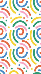 Vibrant Abstract Swirl Pattern: A lively and colorful pattern of swirling arcs and dots in a seamless, playful design, evoking a sense of energy and movement. 