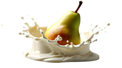 Pear with yogurt or a dollop of whipped cream, set against a white background.
