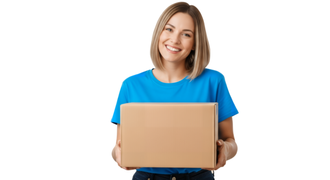 Woman smiling holding cardboard box wearing a blue t shirt on transparent background - Powered by Adobe