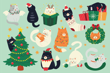 Cartoonstyle Christmas cats scattered on a light green background with scattered stars