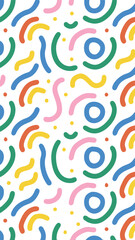 Seamless Colorful Patterns: A vibrant seamless pattern composed of dynamic lines, shapes, and dots in a colorful array, offering a lively and engaging design for various applications.