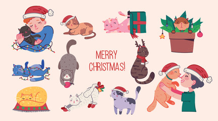 Christmas cats illustrations of feline characters with holiday themes and props