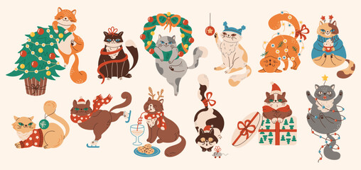 Festive cats with Christmas motifs gifts wreaths lights  trees