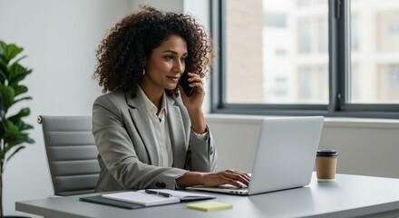Businesswoman working on laptop and phone
