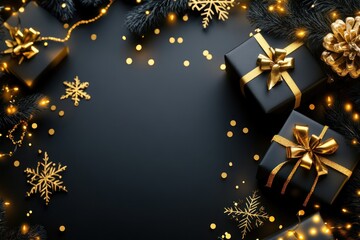 Festive horizontal poster with glowing Xmas lights, black snowflake decoration, golden confetti, and realistic gifts