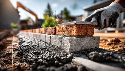 Worker lays bricks in patio