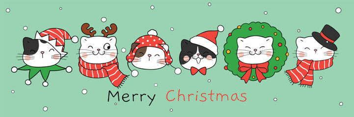 Six festive cat heads in Christmas attire amidst snowfall over the words Merry Christmas on a light green background