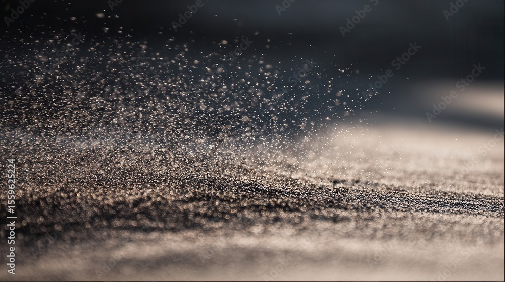 Poster fine particles in motion on a textured surface.