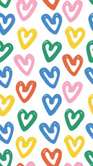 Colorful Heart Patterns: A vibrant, playful display of hand-drawn heart shapes in various colors, creating a cheerful and energetic pattern