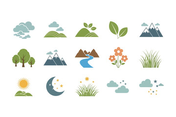 Nature Icon Set Collection with Landscape Elements