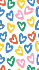 Colorful Hearts: A playful array of vibrant, hand-drawn hearts, each a unique burst of color against a clean background, offering a cheerful and heartwarming vibe.