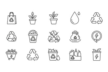 Outline Icon Set of Recycling and Eco-Friendly Practices,