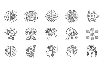 Artificial Intelligence Outline Icons Set Brain and Technology Concepts
