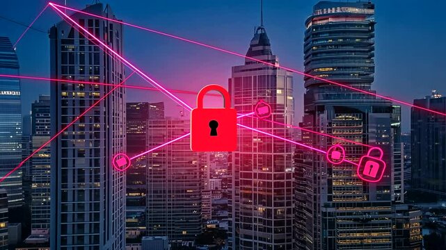 Digital security concept with padlocks and network connections over a city skyline at dusk - Powered by Adobe