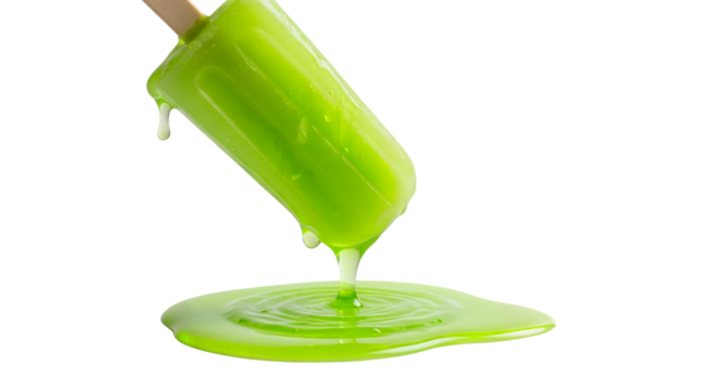 A green popsicle melting with a wooden stick is visible here on transparent background