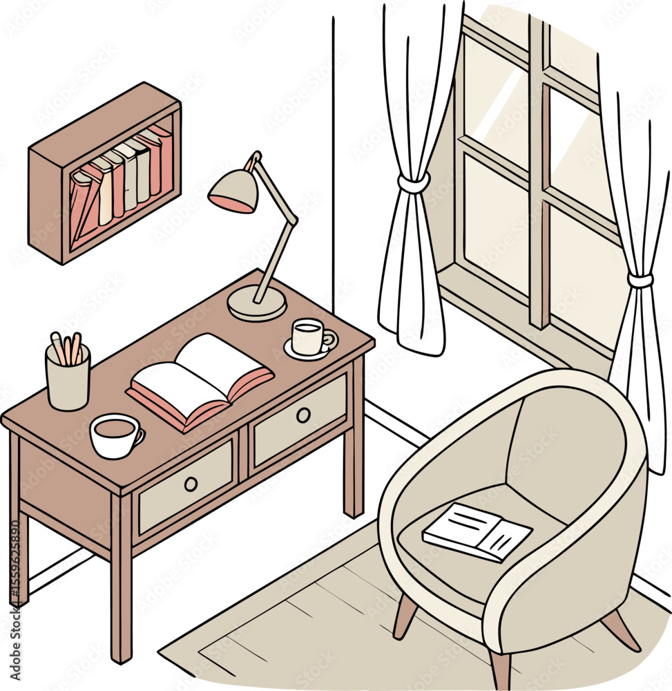 Poster cozy reading nook with a desk chair lamp books and coffee cups by a window with curtains creating a 
