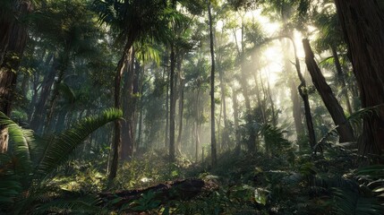 Lush tropical forest scene with sunlight filtering through the canopy.