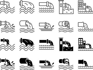 Water Waste Pipe Vector Icons – Industrial Sewage and Pollution Discharge Set