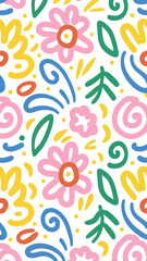 Whimsical Floral Pattern: A vibrant and cheerful seamless pattern featuring hand-drawn flowers, leaves, and abstract shapes in a playful style. Perfect for textile design, wallpaper, or scrapbooking.