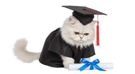 White cat wearing graduation cap and gown with diploma scroll on transparent background