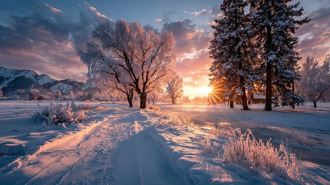 Snow-covered winter wonderland at sunrise capturing magical atmosphere, seasonal peace, and scenic frosty beauty
