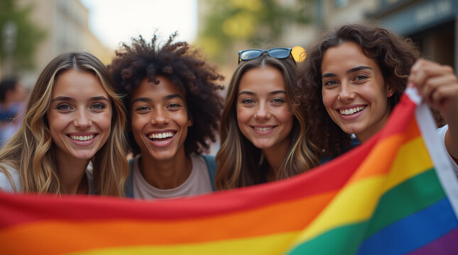Selfie portrait of a group of lgbt mixed friends celebrating the gay pride parade with the rainbow flag.