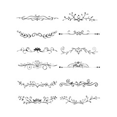 Gold text dividers doodle set. Wedding decorative elements. Divider ornament, borders, floral, vintage line separators. Hand drawn vector illustration isolated on white background. Set page dividers.
