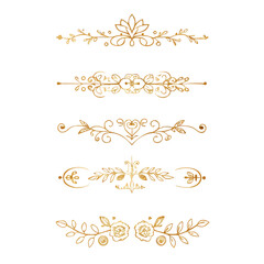Gold text dividers doodle set. Wedding decorative elements. Divider ornament, borders, floral, vintage line separators. Hand drawn vector illustration isolated on white background. Set page dividers.
