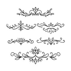 Gold text dividers doodle set. Wedding decorative elements. Divider ornament, borders, floral, vintage line separators. Hand drawn vector illustration isolated on white background. Set page dividers.
