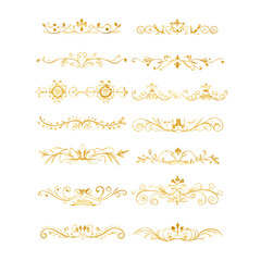 Gold text dividers doodle set. Wedding decorative elements. Divider ornament, borders, floral, vintage line separators. Hand drawn vector illustration isolated on white background. Set page dividers.
