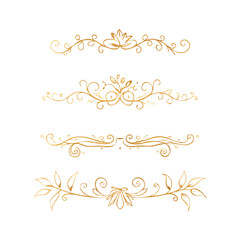 Gold text dividers doodle set. Wedding decorative elements. Divider ornament, borders, floral, vintage line separators. Hand drawn vector illustration isolated on white background. Set page dividers.
