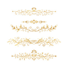 Gold text dividers doodle set. Wedding decorative elements. Divider ornament, borders, floral, vintage line separators. Hand drawn vector illustration isolated on white background. Set page dividers.
