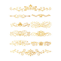 Gold text dividers doodle set. Wedding decorative elements. Divider ornament, borders, floral, vintage line separators. Hand drawn vector illustration isolated on white background. Set page dividers.
