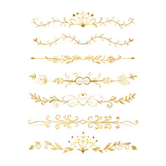 Obraz premium Gold text dividers doodle set. Wedding decorative elements. Divider ornament, borders, floral, vintage line separators. Hand drawn vector illustration isolated on white background. Set page dividers. 