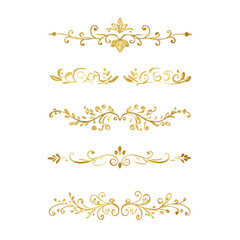 Gold text dividers doodle set. Wedding decorative elements. Divider ornament, borders, floral, vintage line separators. Hand drawn vector illustration isolated on white background. Set page dividers.
