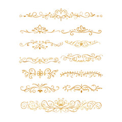 Obraz premium Gold text dividers doodle set. Wedding decorative elements. Divider ornament, borders, floral, vintage line separators. Hand drawn vector illustration isolated on white background. Set page dividers. 